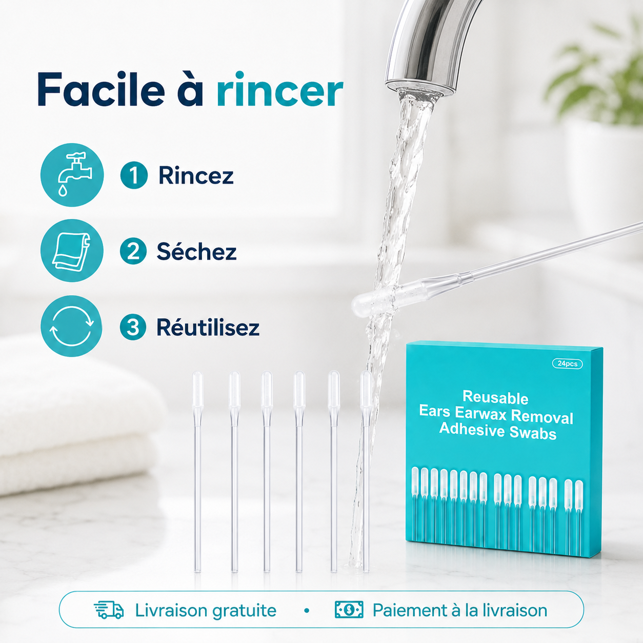 Bâtonnets Lavables pour l’Hygiène des Oreilles – Boîte de 24